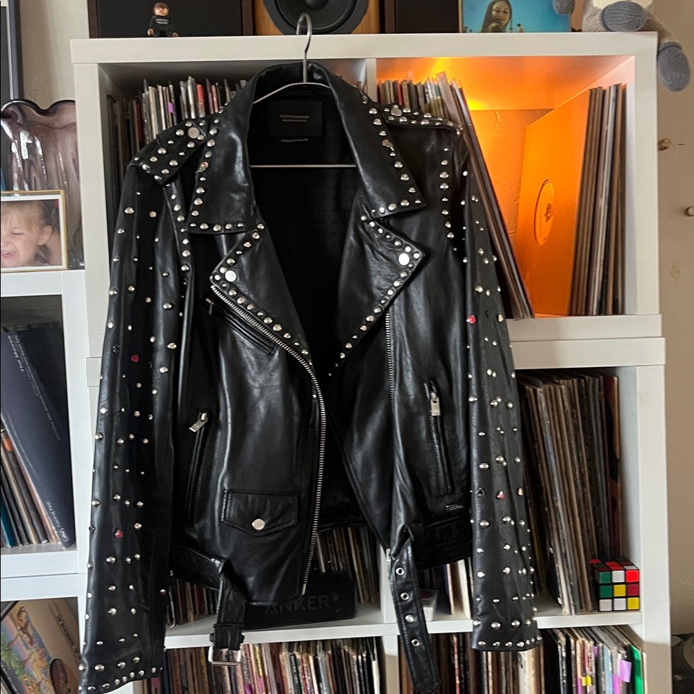Scotch & Soda Black Studded Leather Biker Jacket with Red Accent